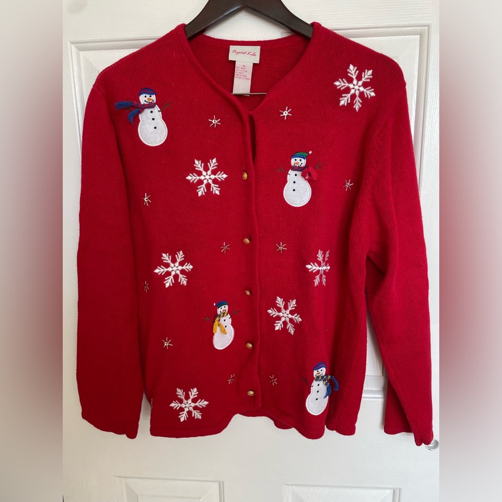 Crystal Kobe Women's Medium Red Embroidered‎ Snowmen  Button Up Cardigan Women’s